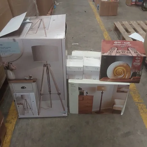 PALLET CONTAINING A VERY LARGE QUANTITY OF ASSORTED DESIGNER LIGHTING PRODUCTS INCLUDING: TRIO FLOOR LAMP, AMMONITE TABLE LAMP, CHARLIE CEILING FITTING, GRACIE FLOOR LAMP ECT