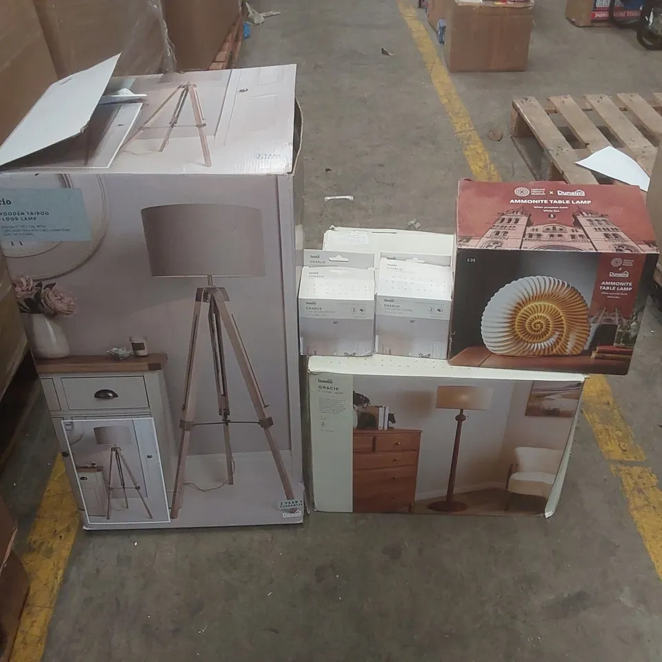 PALLET CONTAINING A VERY LARGE QUANTITY OF ASSORTED DESIGNER LIGHTING PRODUCTS INCLUDING: TRIO FLOOR LAMP, AMMONITE TABLE LAMP, CHARLIE CEILING FITTING, GRACIE FLOOR LAMP ECT