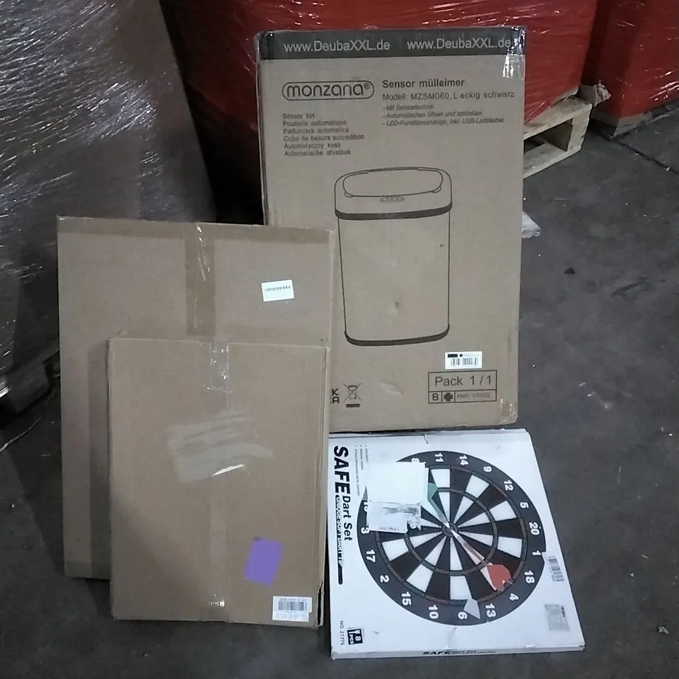 PALLET OF HOUSEHOLD ITEMS TO INCLUDE SENSOR BIN,SAFE DARTS, PICTURE FRAMES, TOILET SEAT,WOK AND OTHER ASSORTED ITEMS...