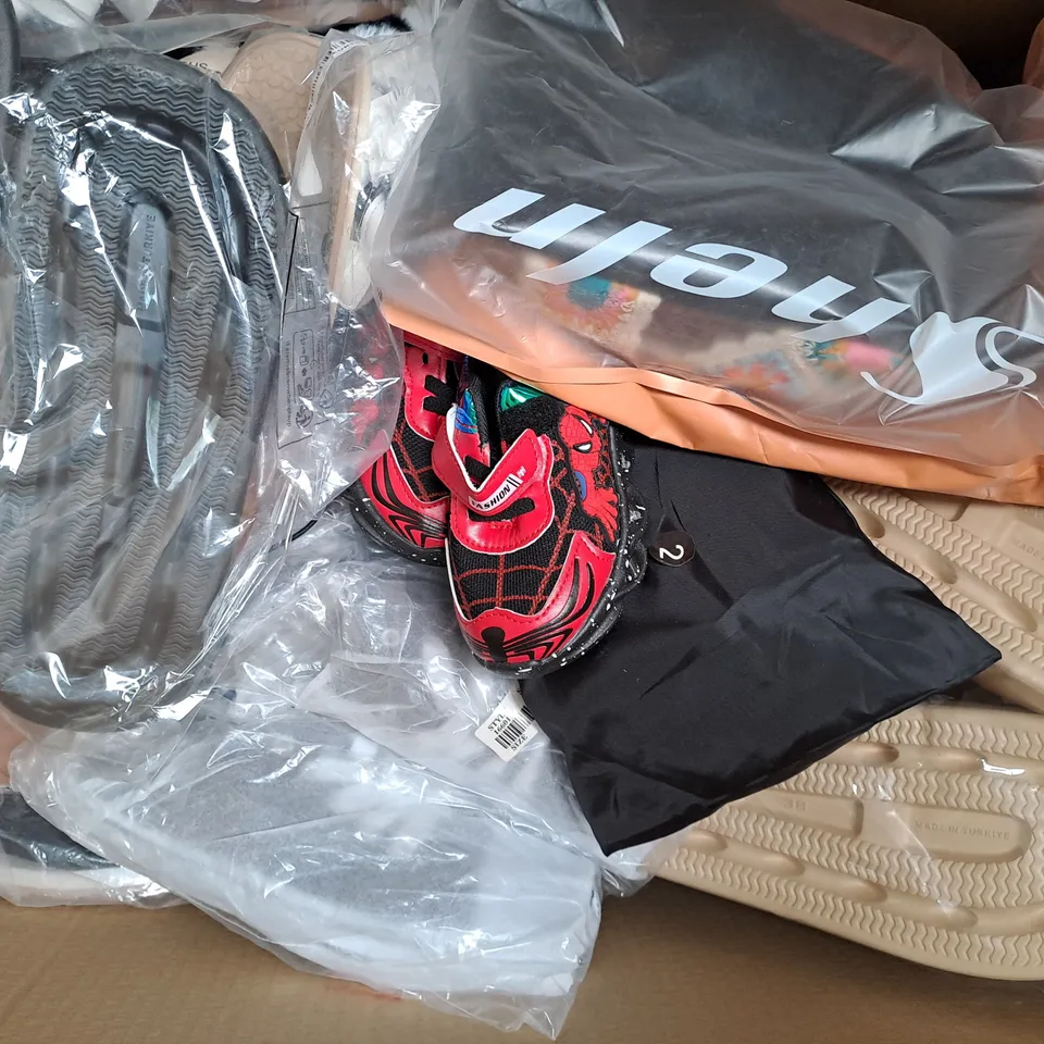 BOX OF APPROXIMATELY 15 ASSORTED PAIRS OF SHOES AND FOOTWEAR ITEMS IN VARIOUS STYLES AND SIZES TO INCLUDE ARCHIES, ETC