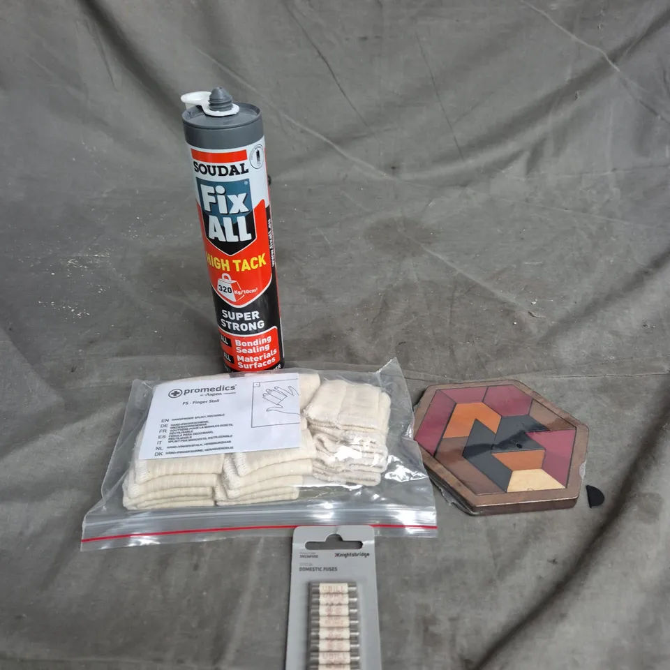 APPROXIMATELY 15 ASSORTED HOUSEHOLD ITEMS TO INCLUDE FINGER STALLS, DOMESTIC FUSES AND FIX ALL SUPER STRONG SEALANT