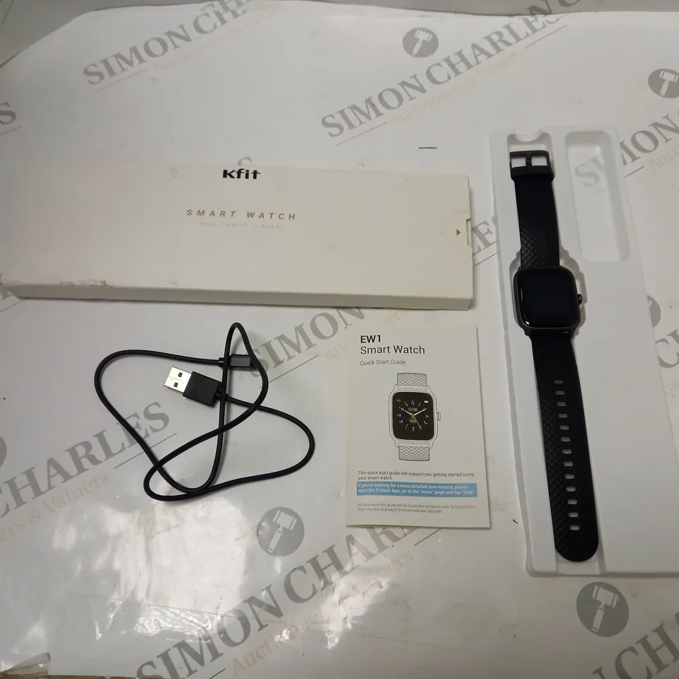 BOXED KFIT SMART WATCH IN BLACK, WITH USB CABLE AND INSTRUCTIONS