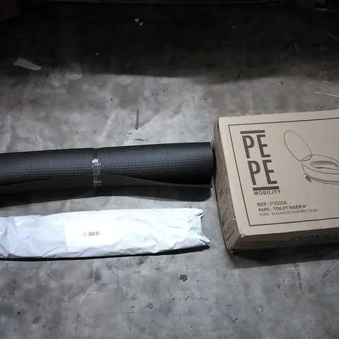 PALLET OF HOUSEHOLD ITEMS TO INCLUDE YOGA MAT, DRAIN CLEANER, TOILET RISER 4" AND OTHER ASSORTED ITEMS...