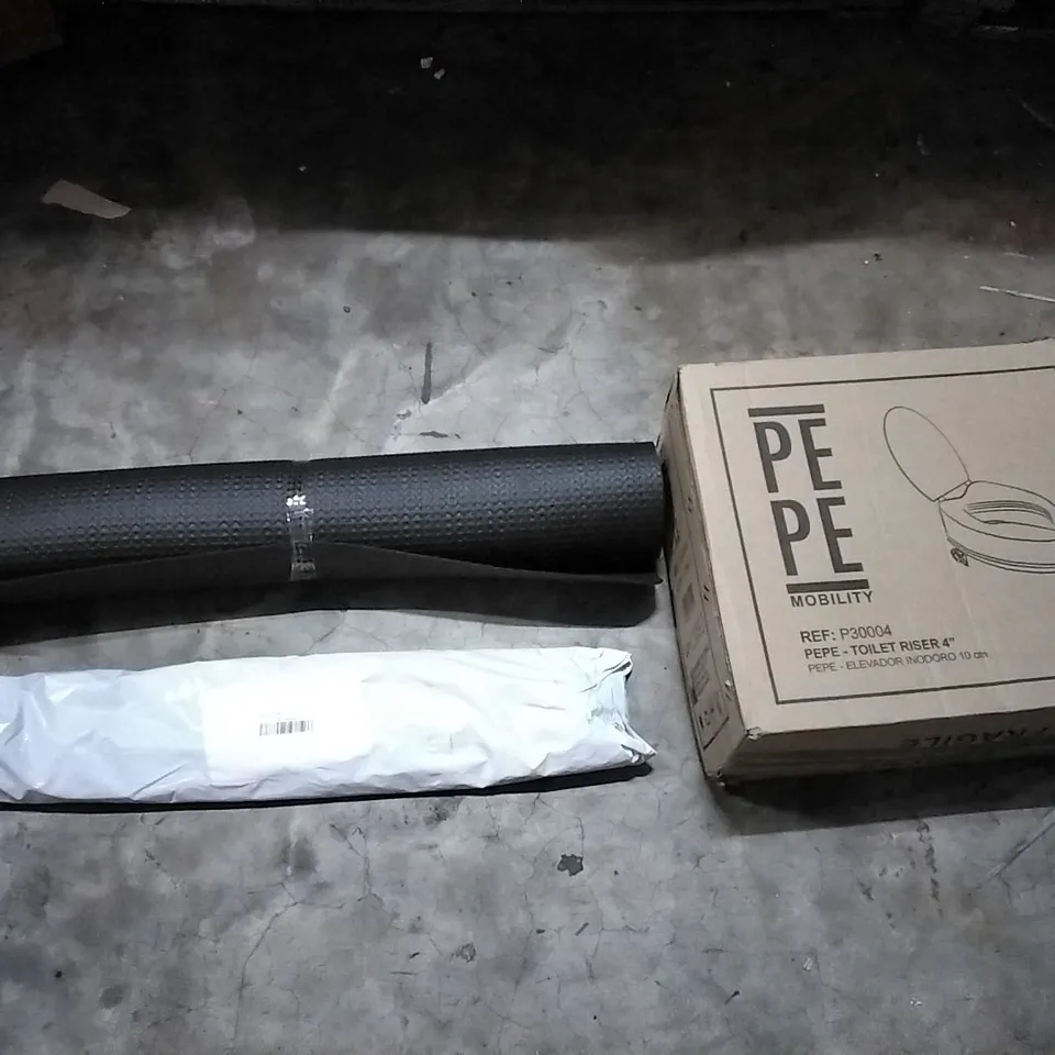 PALLET OF HOUSEHOLD ITEMS TO INCLUDE YOGA MAT, DRAIN CLEANER, TOILET RISER 4" AND OTHER ASSORTED ITEMS...