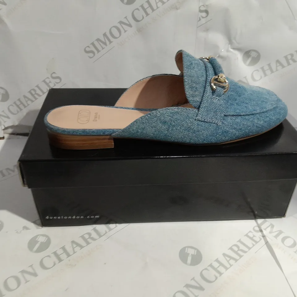 BOXED DUNE LONDON BLUE DENIM FABRIC SLIM SOLE BACKLESS SHOES SIZE 39