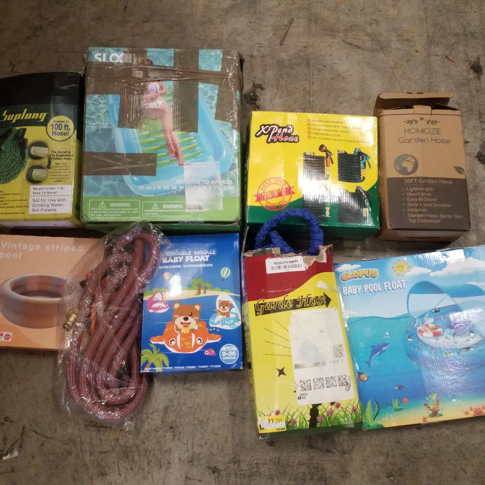 PALLET CONTAINING ASSORTED GARDEN HOSES & INFLATABLES
