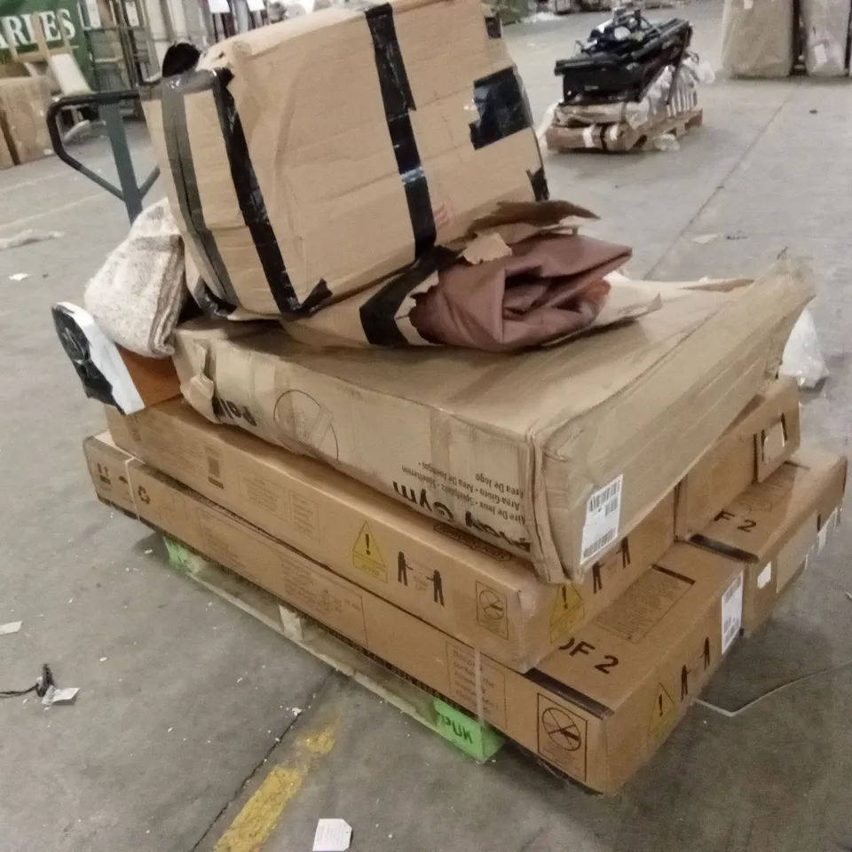 PALLET OF ASSORTED HOUSEHOLD GOODS AND PRODUCTS TO INCLUDE; TRAMPOLINE PARTS, CURTAINS, AIR FRYER ETC