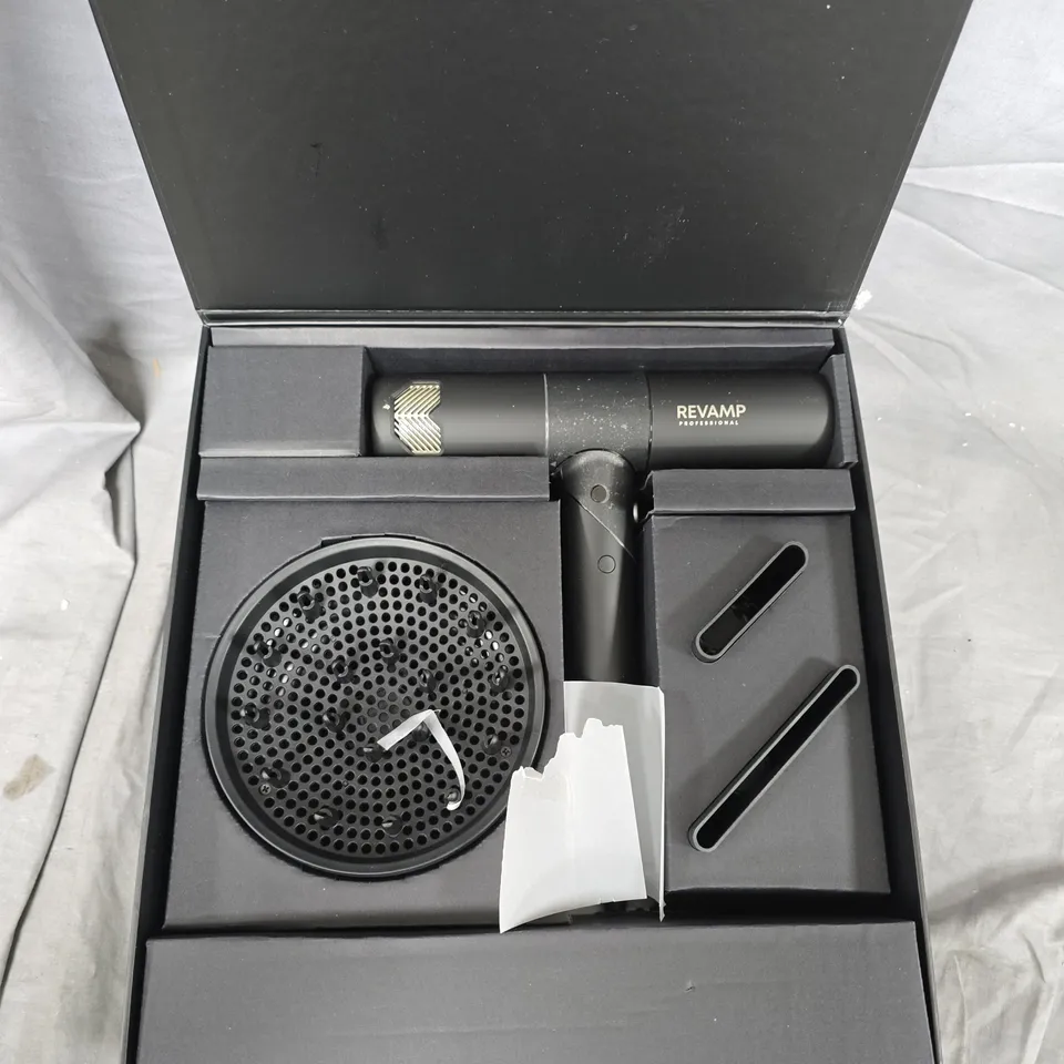 BOXED REVAMP PROFESSIONAL ENIGMA REVELATION HAIR DRYER KIT – BLACK WITH DIFFUSER & NOZZLES