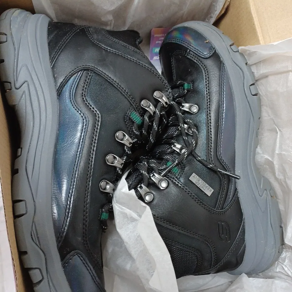 BOXED SKECHERS HIGH TOP LACE UP HIKER BOOTS, BLACK - SIZE 6.5