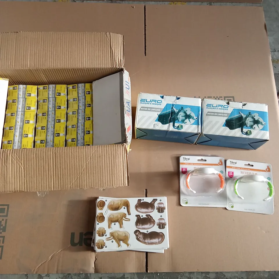 PALLET OF APPROXIMATELY 9 BOXES OF ASSORTED ITEMS TO INCLUDE: LIGHTBULBS, MOTORS AND BABY BOTTLE GRIPPERS ECT