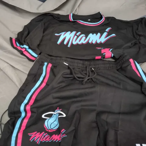 MIAMI-INSPIRED TRACKSUIT SET – BLACK WITH PINK & BLUE TRIM (TOP & SHORTS)