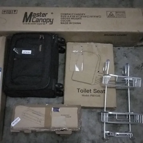 PALLET OF ASSORTED ITEMS INCLUDING MASTER CANOPY COMPACT CANOPY, TOILET SEAT, A3 LAMINATOR, SHOWER CADDY, CABIN SUITCASE, STURDY FOLDABLE AIRER HANGER STAND