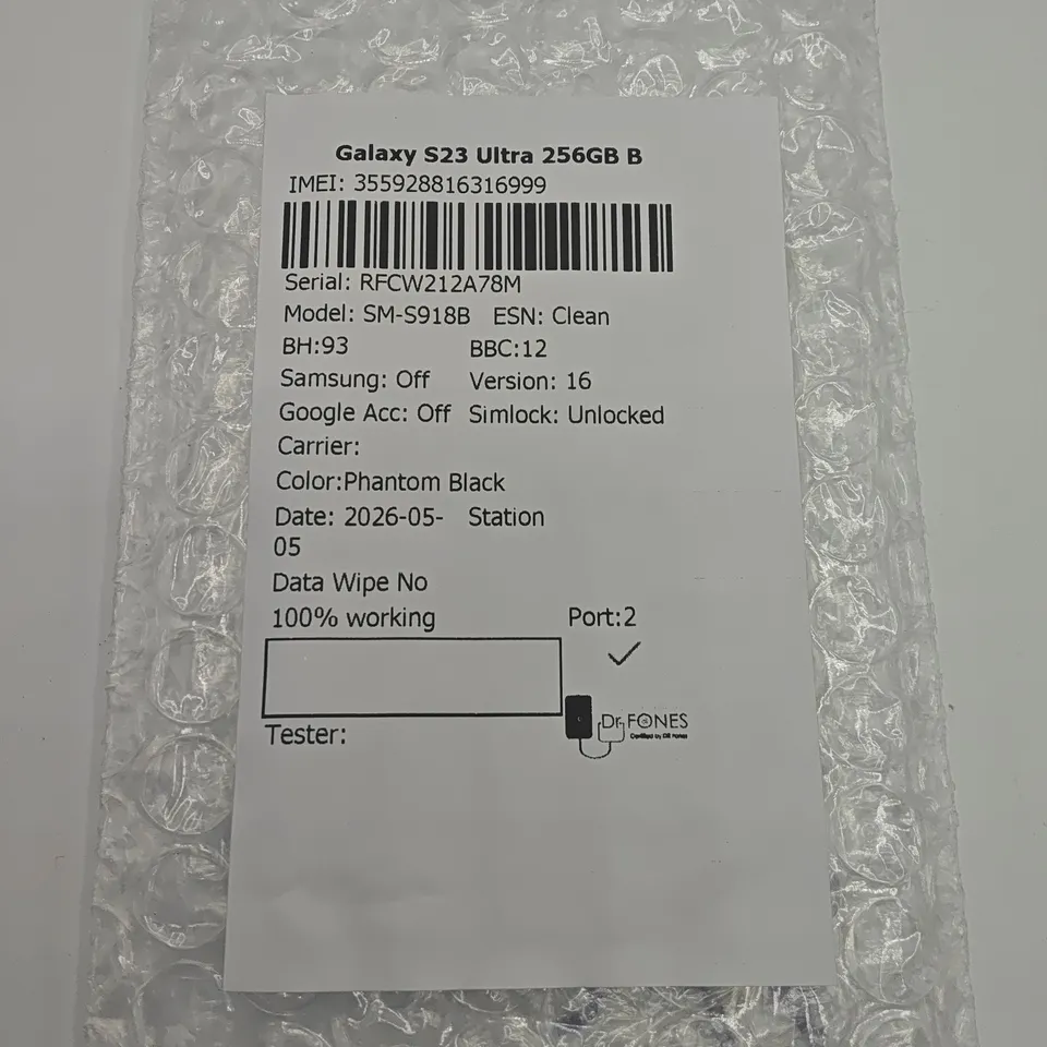 UNBOXED SAMSUNG GALAXY S23 ULTRA 256GB IN PHANTOM BLACK - SM-S918B
