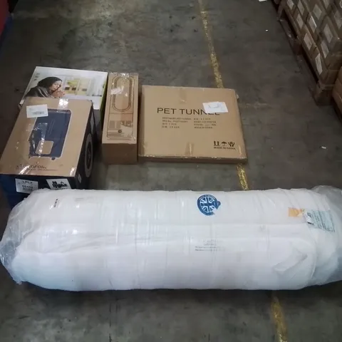 PALLET OF ASSORTED ITEMS TO INCLUDE: ROLLED JUMPI MEMORY SPRUNG 4'6 DOUBLE MATTRESS, VPD HUMIDIFIER, PURE COOL FAN, HEATED THROW, PET TUNNEL ECT