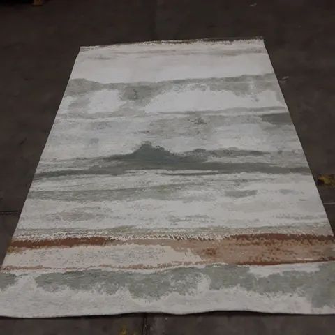 LARGE AREA RUG WITH ABSTRACT STRIPE PATTERN – GREY/WHITE WITH BROWN EDGE 230X155CM APPROXIMATELY
