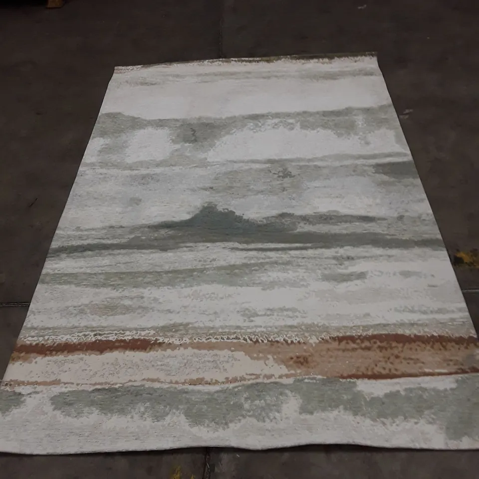 LARGE AREA RUG WITH ABSTRACT STRIPE PATTERN – GREY/WHITE WITH BROWN EDGE 230X155CM APPROXIMATELY