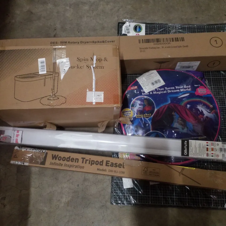 PALLET CONTAINING ASSORTED PRODUCTS INCLUDING ROTARY DRYER, SELF HEALING CUTTING MAT, SPIN MOP & BUCKET SYSTEM, ROLLER BLIND, WOODEN TRIPOD EASEL & POP UP KIDS TENT