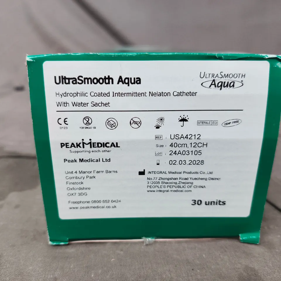 ULTRASMOOTH AQUA HYDROPHILIC COATED INTERMITTENT NELATON CATHETER WITH WATER SACHET – 40CM, 12CH, BOX OF 30