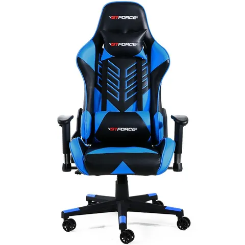 BOXED DESIGNER GT FORCE PROST LEATHER RACING SPORTS OFFICE CHAIR IN BLACK & BLUE