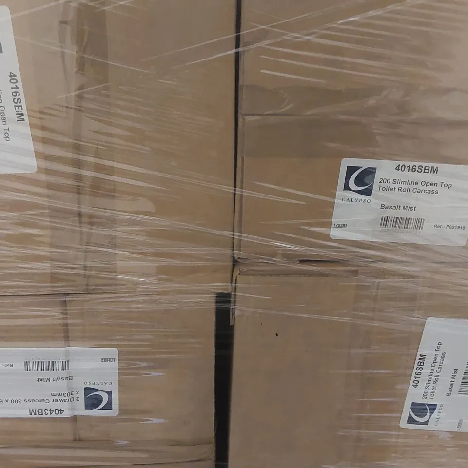 PALLET CONTAINING A LARGE QUANTITY OF ASSORTED BATHROOM FURNITURE PARTS INCLUDING: BASE SLIMLINE CARCASSES, OPEN TOP TOILET ROLL CARCASSES, 2 DRAWER CARCASSES ECT