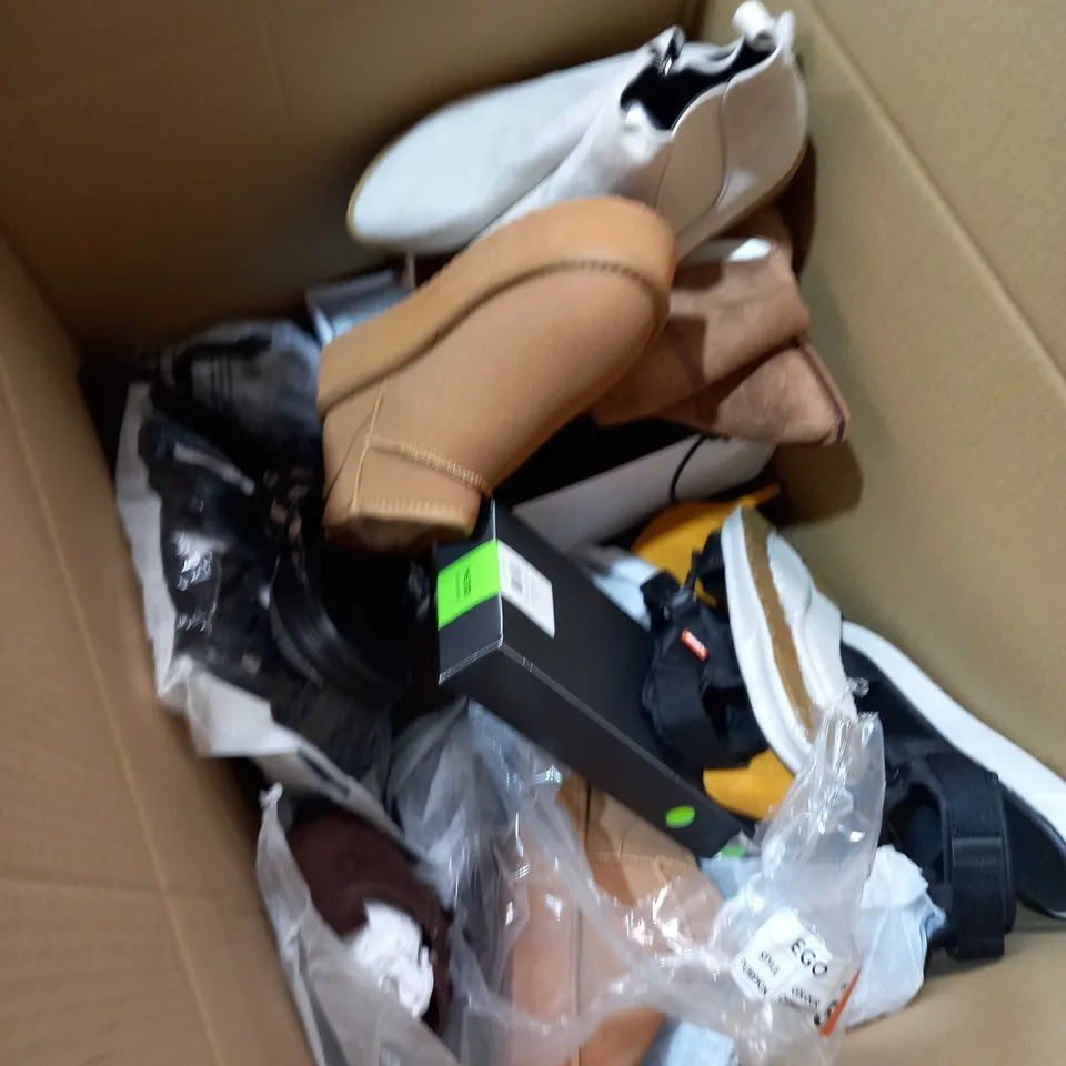 BOX OF APPROXIMATELY 10 ASSORTED PAIRS OF SHOES TO INCLUDE EGO SLIPPERS, HIGH HEELS, SANDLES ETC