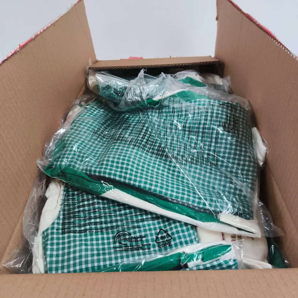BOX OF APPROXIMATELY 28 ASSORTED CLOTHING ITEMS TO INCLUDE FAMILY RAGLAN LONG SLEEVE PJ SET DEEP MINT GINGHAM/GINGERBREAD ASSORTED SIZES ETC