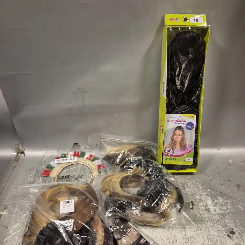 APPROXIMATELY 20 HAIR CARE ACCESSORIES TO INCLUDE HAIR BANDS, WIGS AND HAIR PIECES