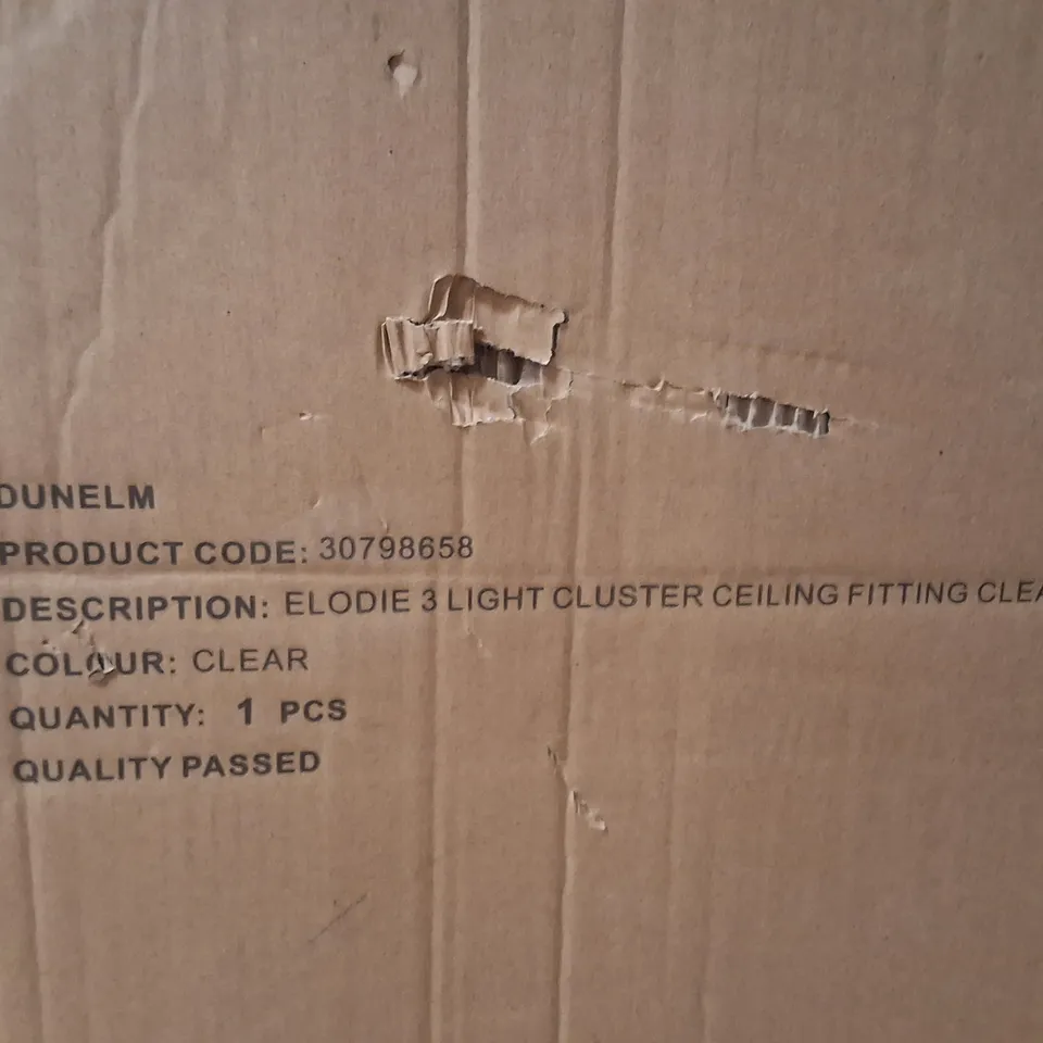 BOXED DUNELM ELODIE 3 LIGHT CLUSTER CEILING FITTING – CLEAR GLASS (GOLD METAL)