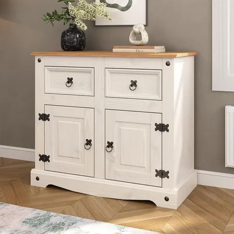 BOXED CORONA SIDEBOARD WHITE 2 DOOR 2 DRAWER MEXICAN SOLID PINE WOOD 76CM H X 87CM W X 40CM D WITH BLACK METAL HARDWARE