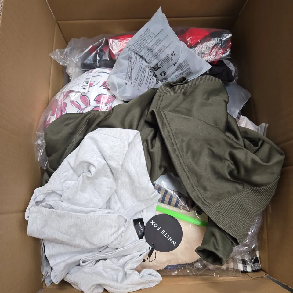 LARGE BOX OF ASSORTED CLOTHING ITEMS IN VARIOUS SIZES, STYLES AND COLOUR 