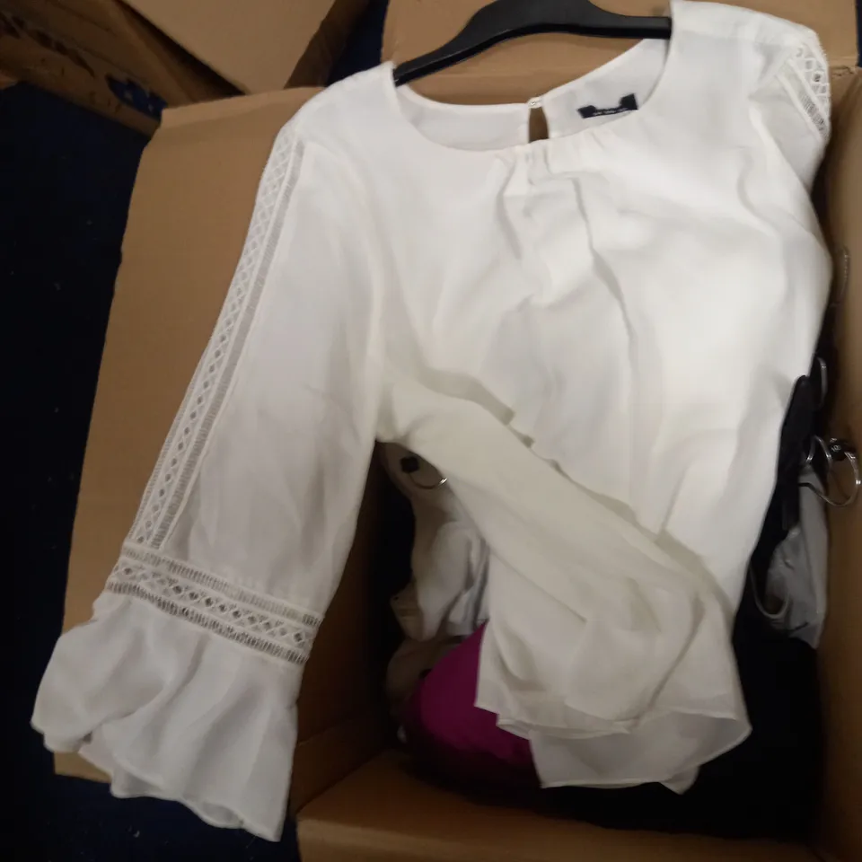 BOXED LOT OF APPROX. 20 LADIES TOPS, VARIOUS COLOURS, SIZES AND STYLES