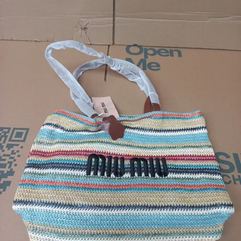 MIU MIU STRIPED STRAW TOTE BAG WITH WHITE HANDLES