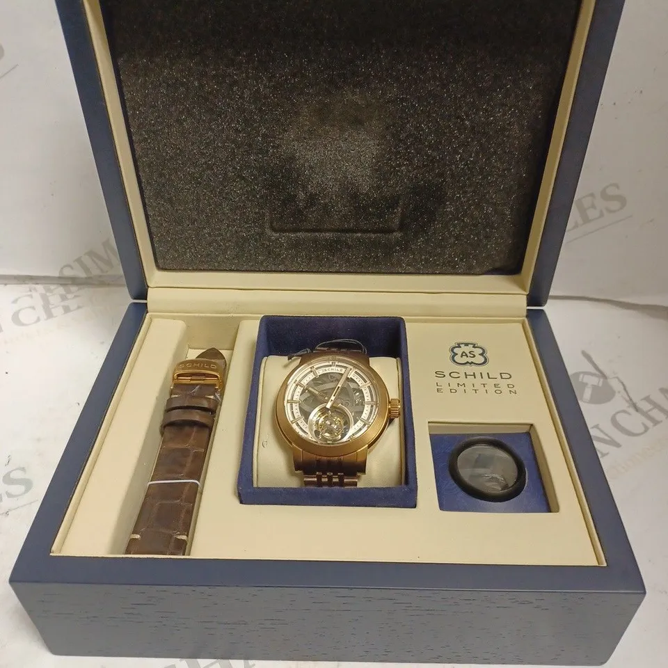BOXED SCHILD LIMITED EDITION WATCH - SAPPHIRE CRYSTAL - ALL STAINLESS STEEL, LEATHER STRAP - SKELETON FACE - WATER RESISTANT 10 ATM - TOURBILLON. 