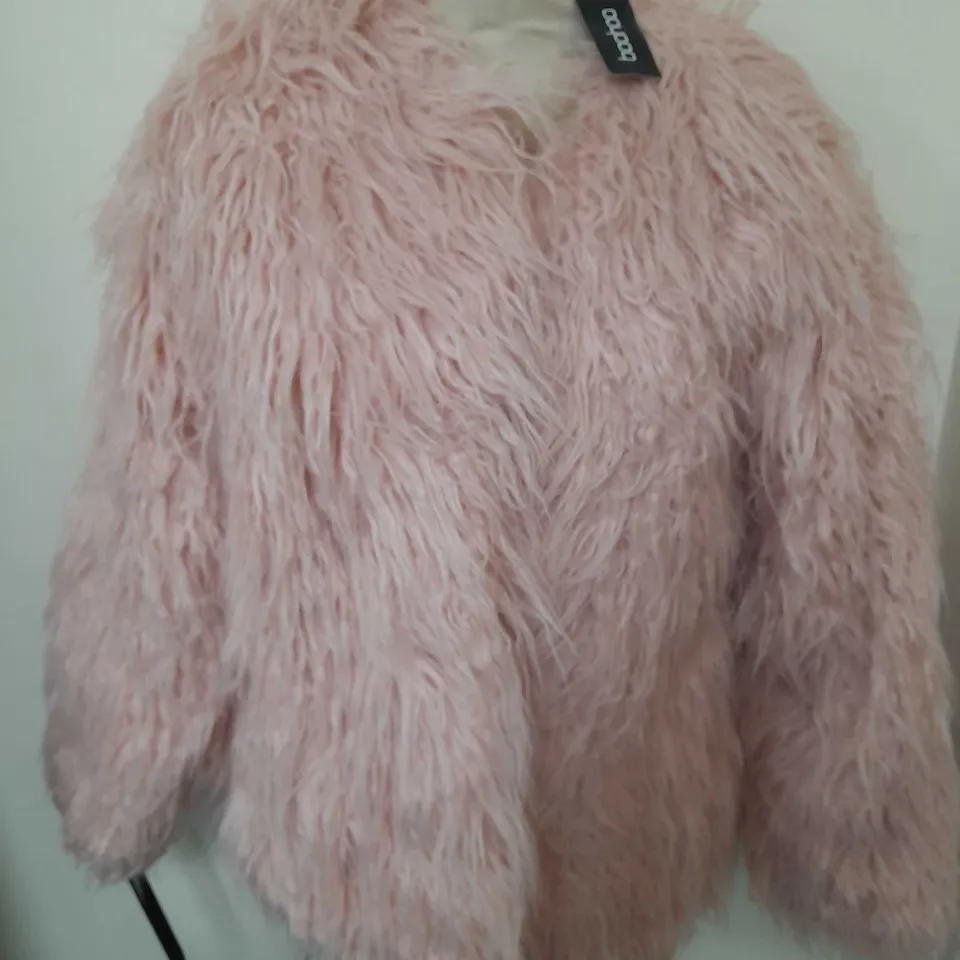 BOOHOO WOMENS MONGOLIAN FAUX FUR COAT IN DUSTY PINK - UK 12