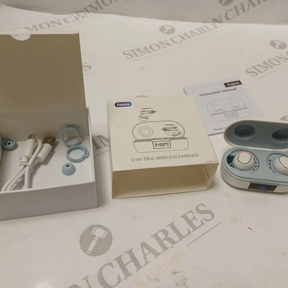 BOXED FAMOO U-AIR TRUE WIRELESS EARBUDS WITH CHARGING DOCK, ACCESSORIES AND INSTRUCTIONS 