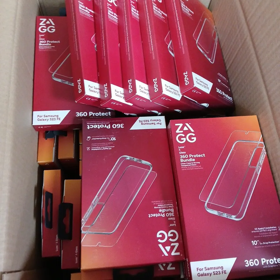 BOX OF APPROXIMATELY 60 ZAGG 360 PROTECT BUNDLE FOR SAMSUNG GALAXY S23 FE – SCREEN PROTECTORS 