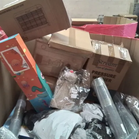 PALLET CONTAINING VARIOUS ASSORTED BOXED HOUSEHOLD ITEMS TO INCLUDE: BUG ZAPPER, KIDS FISHING ROD SET, TRUNKI RIDE ON, PRESSURE WASHER AND LOTS MORE UNMARKED BOXED ITEMS 