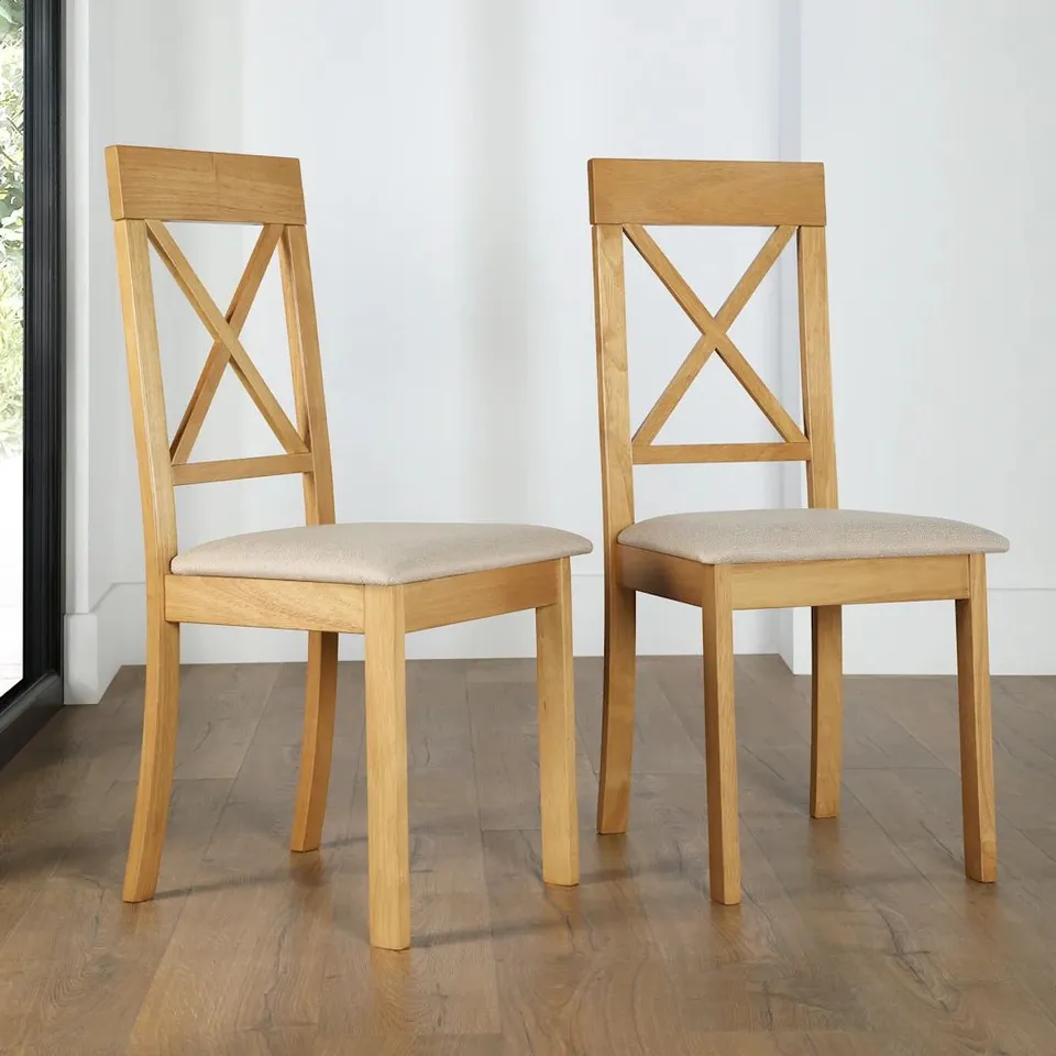 BOXED KENDAL DINING CHAIR, OATMEAL CLASSIC LINEN WEAVE FABRIC & NATURAL OAK FINISHED SOLID HARDWOOD 