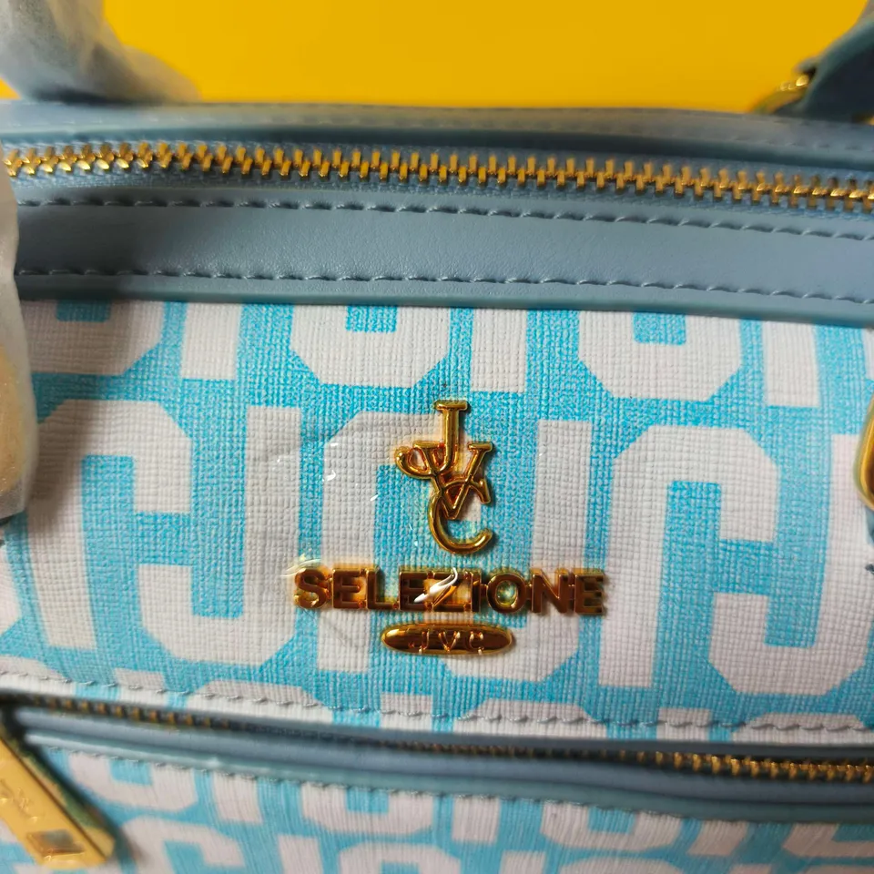 J.V. CHADWIN MILANO HANDBAG – BLUE PATTERNED FABRIC WITH GOLD HARDWARE