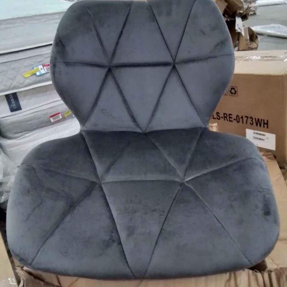 A BOXED PAIR OF GREY VELVET UPHOLSTERED KITCHEN/BREAKFAST BAR STOOLS