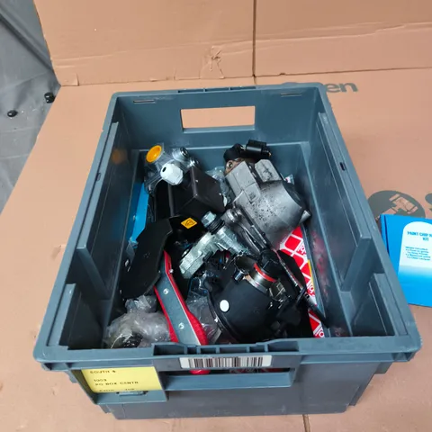 TOTE OF APPROXIMATELY 7 ASSORTED AUTO PART ITEMS TO INCLUDE: PAINT CHIP REPAIR KIT