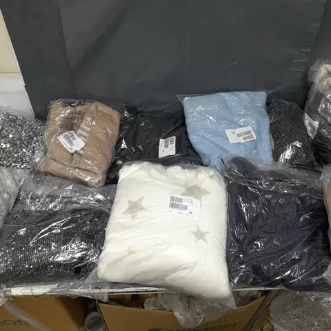 BOX OF APPROXIMATELY 10 ASSORTED BAGGED PIECES OF CLOTHING IN VARIOUS STYLES, SIZES, AND BRANDS 