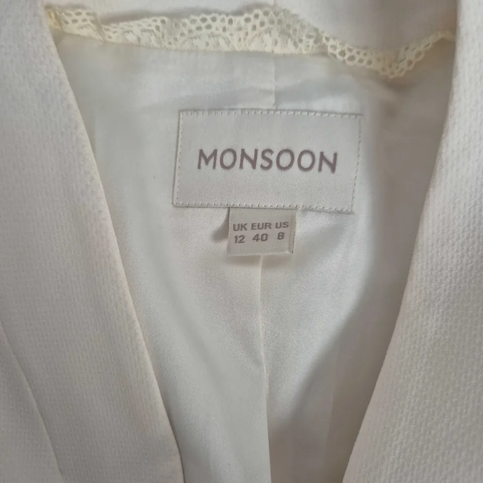 MONSOON WHITE BLAZER, UK 12 (EU 40, US 8) – LACE TRIM