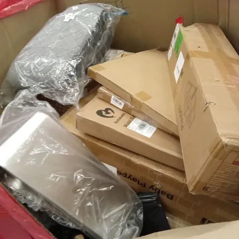 PALLET OF ASSORTED HOUSEHOLD GOODS AND PRODUCTS TO INCLUDE; BABY PLAYPENS, FRYING PAN, BABY CHANGING PAD, I-SIZE CAR BOOSTER SEAT ETC