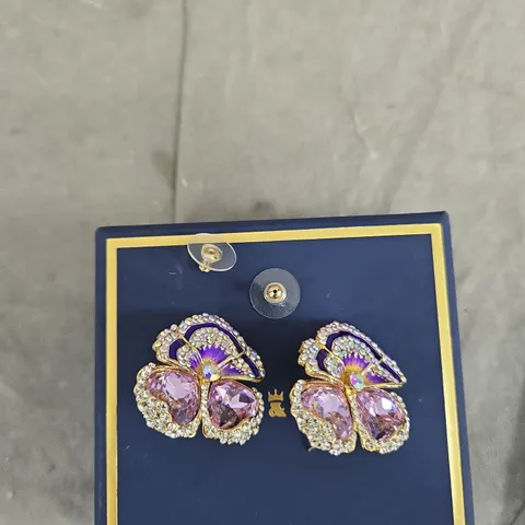 BUTLER & WILSON BUTTERFLY EARRINGS – PINK/PURPLE CRYSTAL WITH CLEAR CRYSTALS, BOXED
