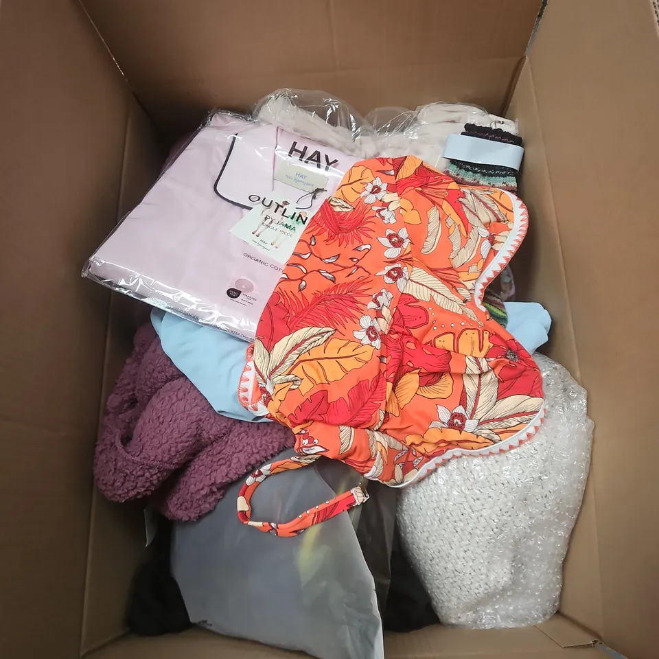 BOX OF APPROXIMATELY 20 ASSORTED CLOTHING ITEMS TO INCLUDE PYJAMAS, SWIMMING COSTUME, SOCKS, BLUE POLO ETC