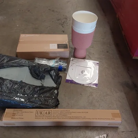 PALLET OF ASSORTED ITEMS INCLUDING: LG SMART TV, WEED BARRIER FABRIC, KEYBOARD, WEDGE PILLOW ECT