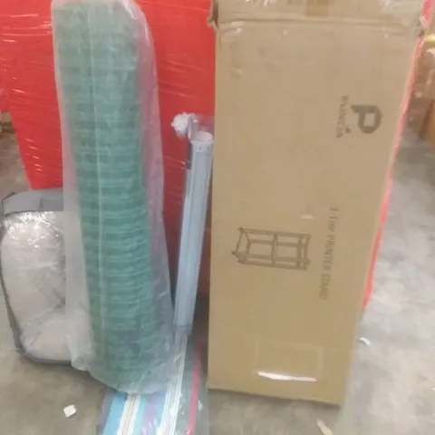PALLET OF ASSORTED ITEMS INCLUDING 3 TIER PRINTER STAND, ROLLER BLIND, DOG BED, GARDEN FENCE