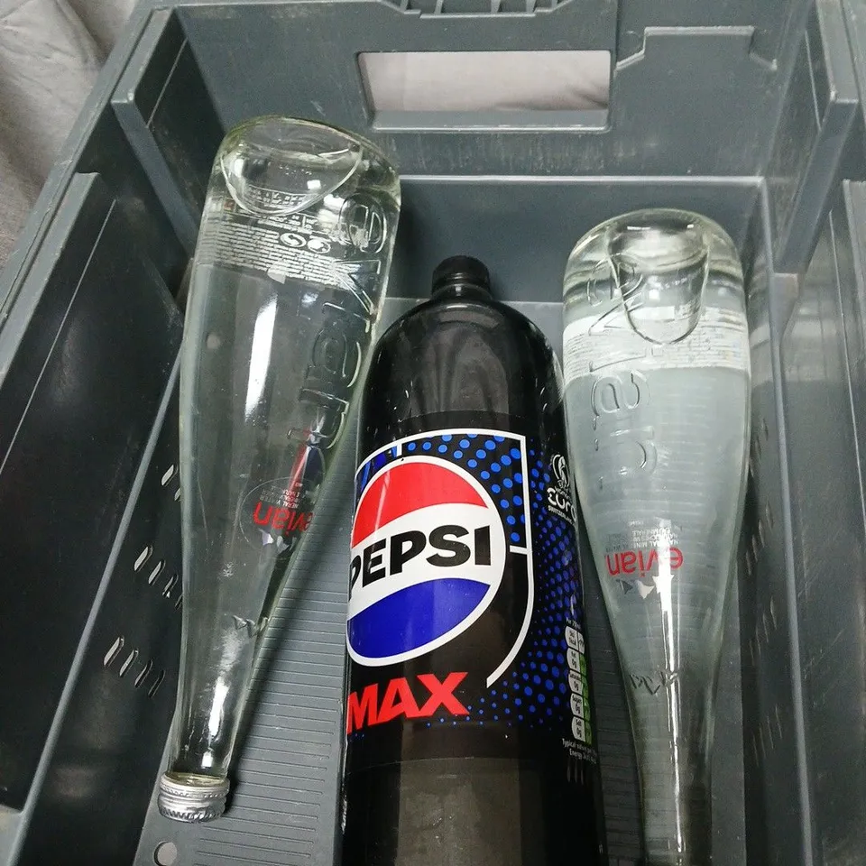 APPROXIMATELY 5 ASSORTED BOTTLED BEVERAGES INCLUDING  AQUA CARPATICA, EVIAN AND PEPSI MAX