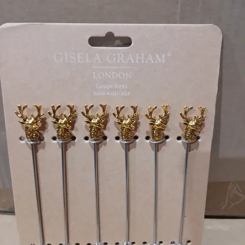 SIX GISELA GRAHAM LONDON CANAPE FORKS – SET OF 6 WITH DEER-HEAD TOPPERS